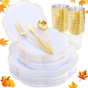 EI 180pcs White Plastic Plates with Gold Plastic Silverware,Heavy-Duty Disposable Plates for Party,White Dinnerware Set for 30 Guest Wedding,Birthday,Thanksgiving,Christmas,New Year