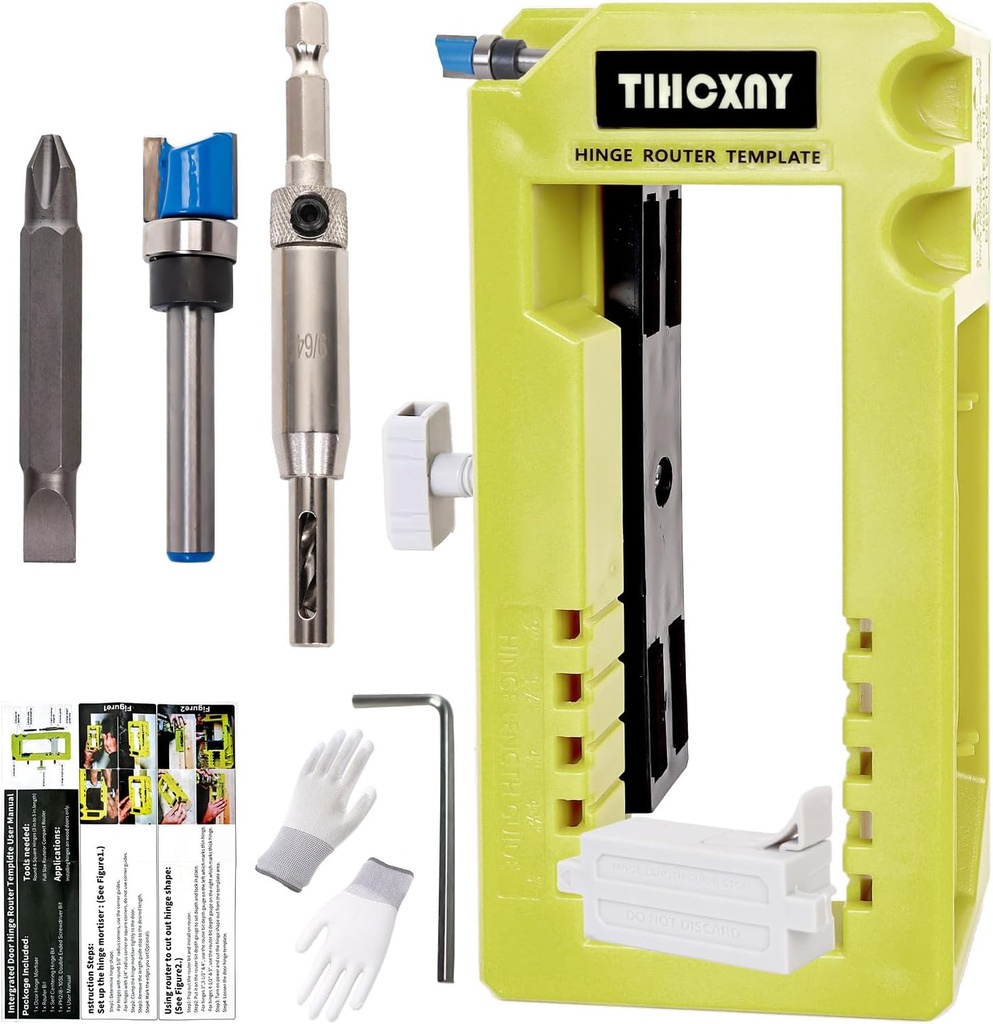(Green) Door Hinge Router Template, Door Clamps, Door Mortise, Door Mounting Kit Fits 90 Degree Angles, and Door Hinges with Hinge Type Square, 1/4" or 5/8" Thickness, 3" to 5" Length