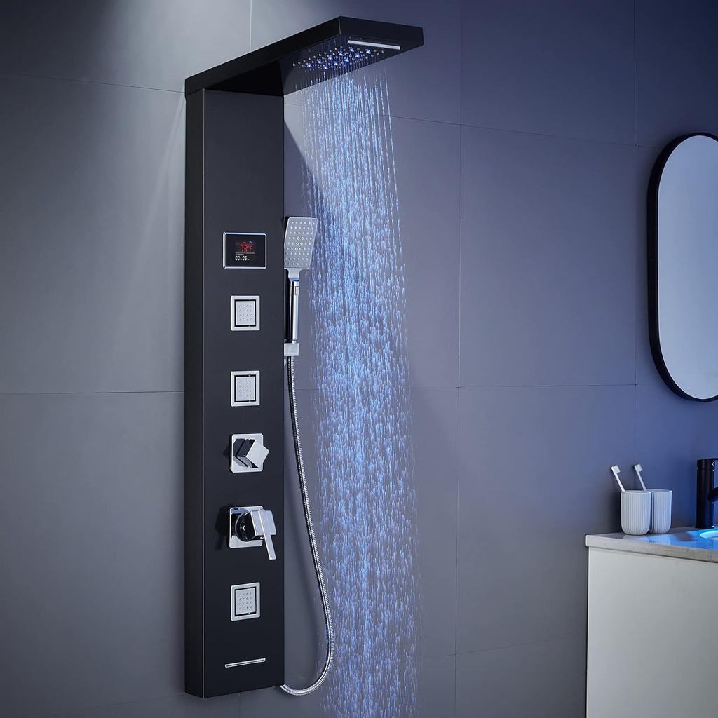 LED Shower Panel Tower System Black, MENATT 304 Stainless Steel 5-Function Shower Panel Rainfall Waterfall Shower Rain Massage System with Body Jets