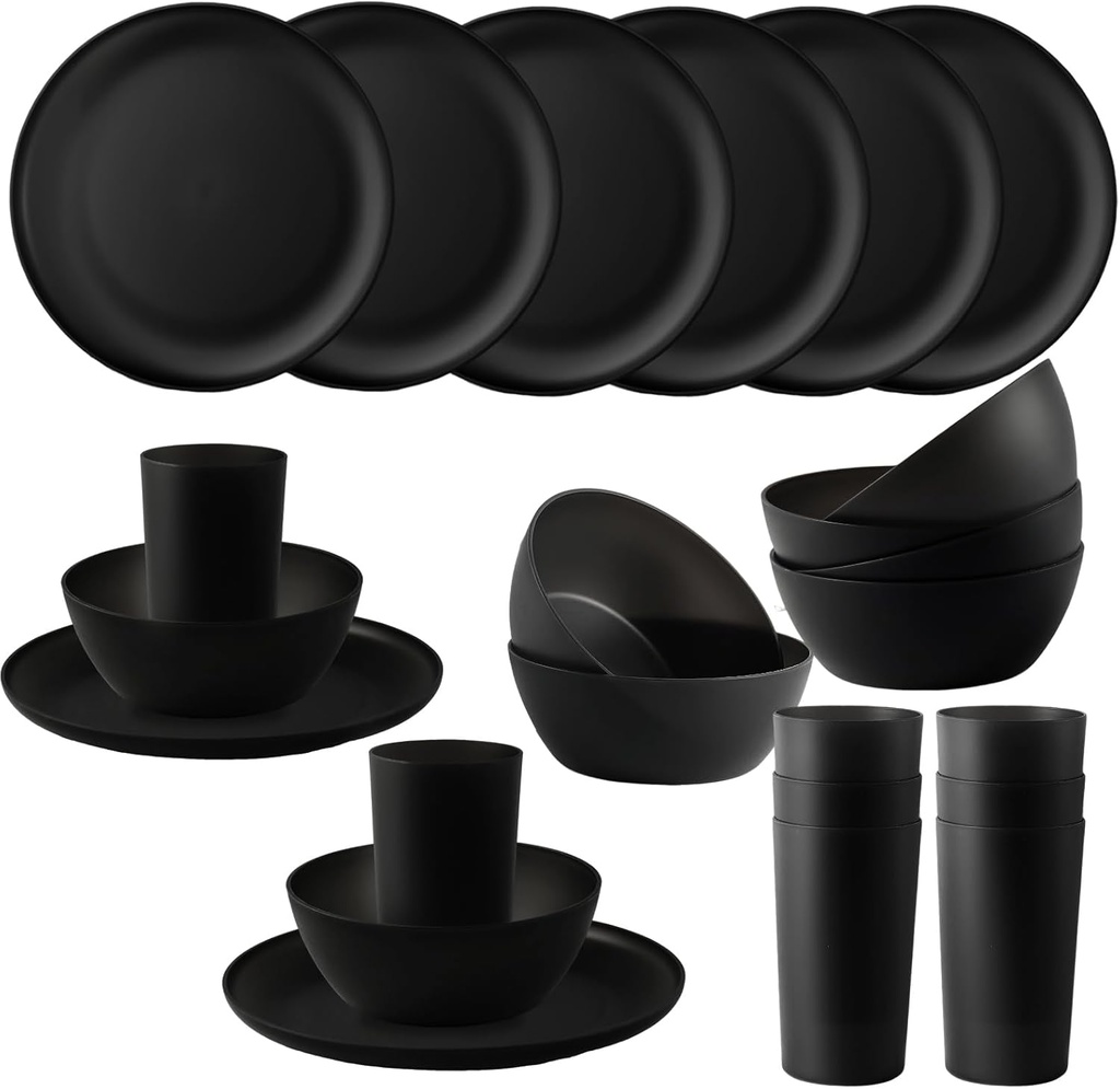 24pcs Dinnerware Sets,Plates and Bowls Sets,Dishes Set for 8,Unbreakable Modern Dish Sets,Reusable Dinning Set,Dishware Sets for Kitchen,Party or Picnic, Dishwasher Safe,Black,BPA free