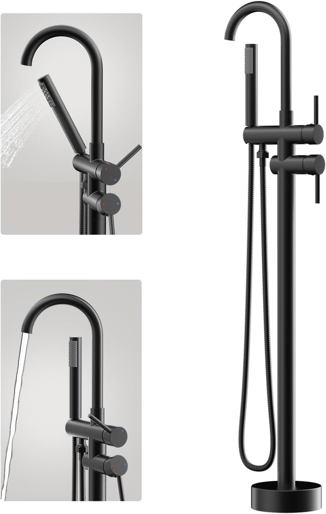 Freestanding Bathtub Faucet Floor Mount Tub Filler Standing High Flow Shower Faucets Shower Mixer Taps with Handheld Shower Mixer Taps Swivel Spout (Matte Black)