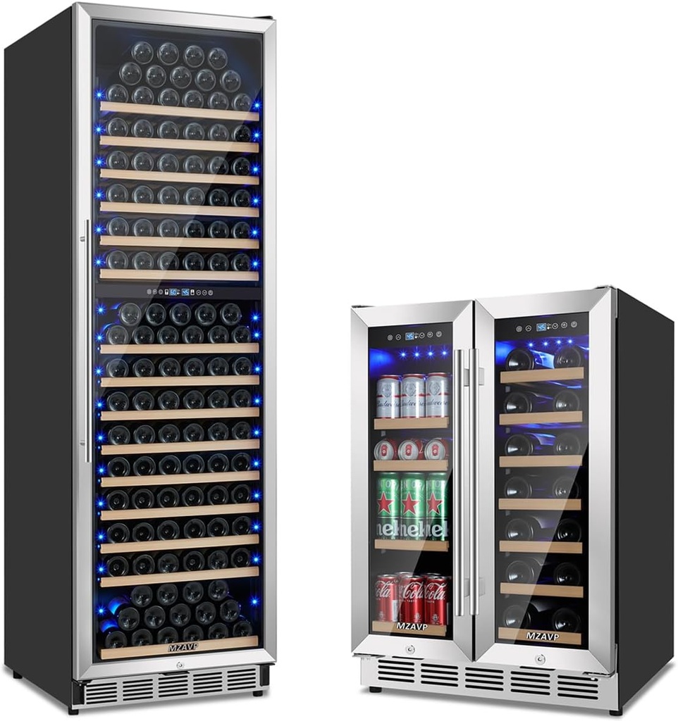 Wine and Beverage Cooler & 200 Bottle Dual-Zone Wine Fridge Combo, Built-In/Freestanding Glass Door Fridge, Office/Bar/Home Use, Advanced Compressor & Low Noise (Silver)