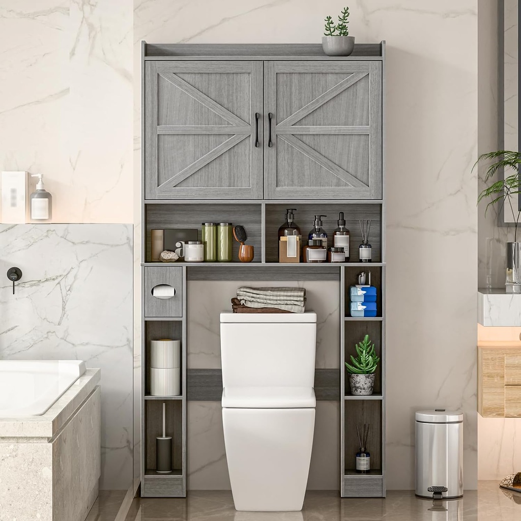Over The Toilet Storage Cabinet, Farmhouse Toilet Cabinet Rack with Barn Doors, Space Saving Bathroom Organizer with Shelves, Toilet Paper Holder and Towel Rack for Bathroom,Restroom,Laundry,Wash Grey