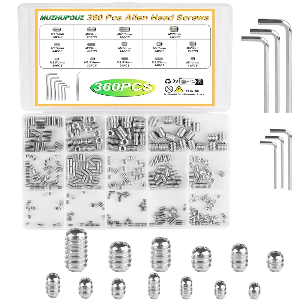 360 Pcs Allen Head Screws - Hex Socket Head, Grub Screw Set - M2.5/M3/M4/M5/M6/M8 Metric Stainless Steel Internal Hex Drive Cup-Point Screws Assortment Kit for Door Handles, Light Fixture