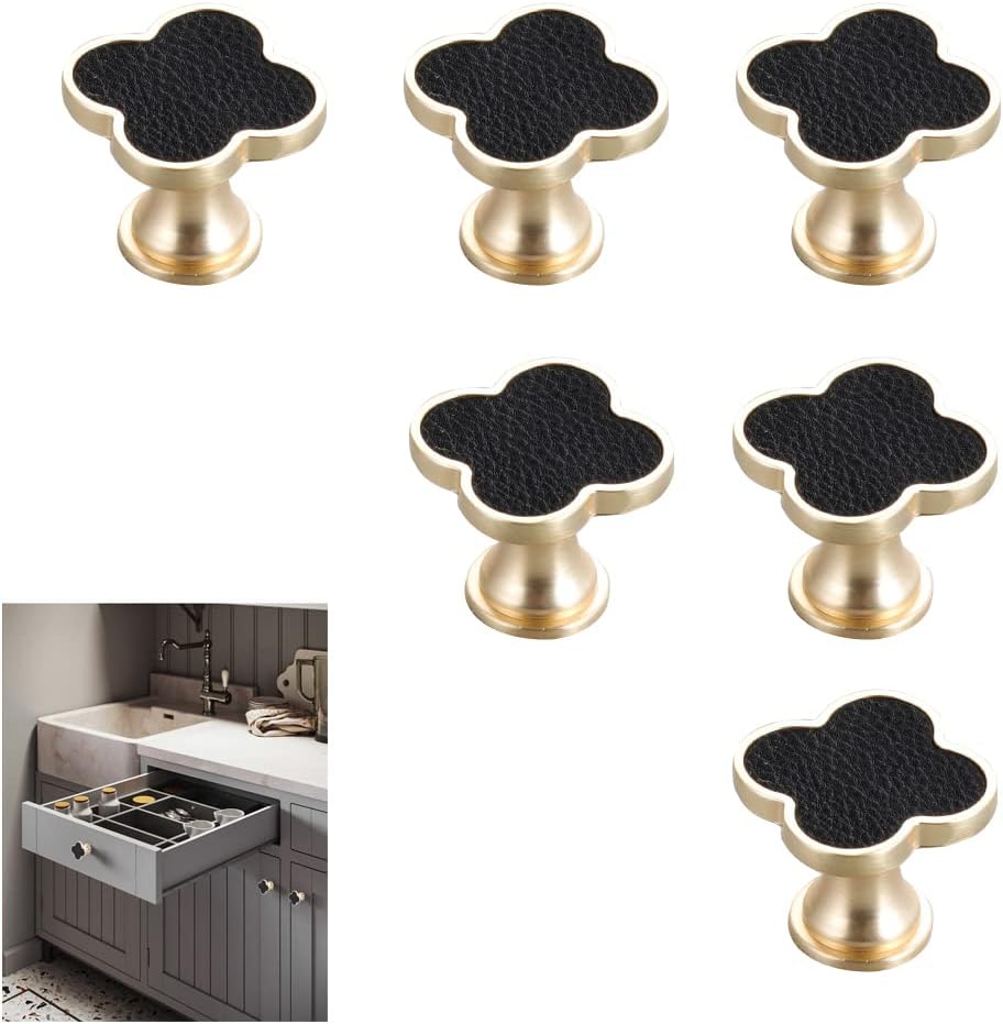 Creative Cabinet Knobs, 6Pc Four-Leaf Clover Knobs Handle Brass Cabinet Drawer Dresser Furniture Kitchen Wardrobe Bathroom Decorative Zinc Alloy Single Hole Handle (Black)