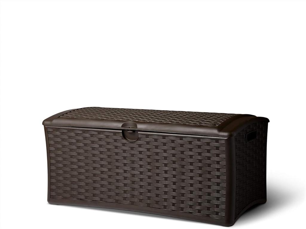 Suncast 72 Gallon Capacity Easy Assembly Plastic Wicker Outdoor Patio Storage Deck Box for Storing Furniture Cushions and Outdoor Accessories, Brown