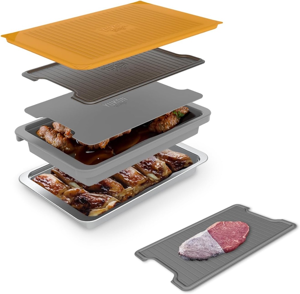 PREP ‘N Serve Premium Set™ - Plastic Container with Lid for Marinades, Stainless Steel Serving Tray, Aluminum Defrosting Tray, and a Plastic Cutting Board - The Ultimate BBQ Food Prep Utensil Set