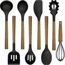 Silicone Cooking Utensil Set, Umite Chef 8-Piece Kitchen Utensils Set with Natural Acacia Wooden Handles,Food-Grade-Silicone Kitchen Gadgets Spatulas Set for Nonstick Cookware- Black