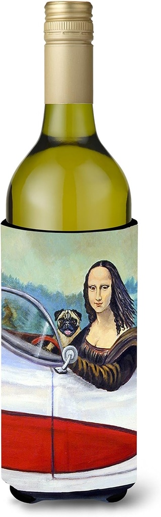 Caroline's Treasures 7043LITERK Fawn Pug and Mona Lisa Wine Bottle Hugger Bottle Cooler Sleeve Hugger Machine Washable Collapsible Insulator Beverage Insulated Holder