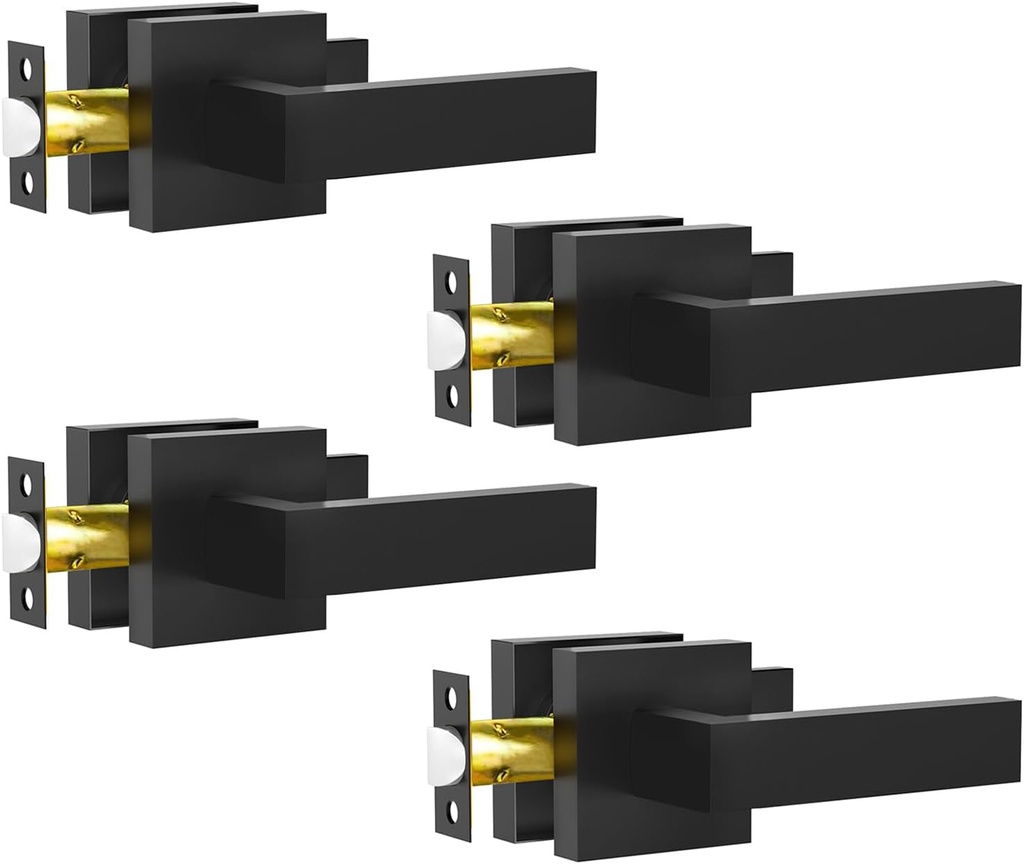 Passage Door Lever, 4 Pack Matte Black Interior Door Handles for Hallway and Closet, Heavy Duty Square Interior Keyless Door Handles Non-Locking Door Knobs for Right & Left Side Door