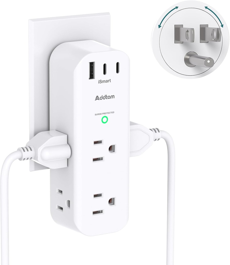 Surge Protector Wall Outlet Extender, Multi Plug Outlet with Rotating Plug, 6 AC Outlets 3 USB Ports (2 USB C), 1800J, 3-Side Power Strip Wall Mount, Outlet Splitter for College Dorm Travel Essentials