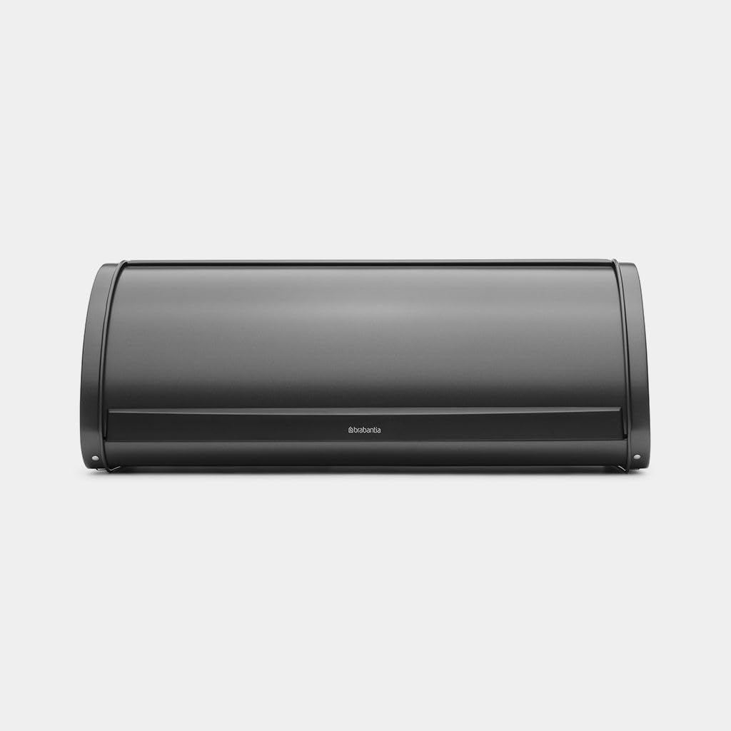 Brabantia Roll Top Bread Box (Confident Gray) Large Grip Front Opening, Partially Flat Top Bread Box, Fits 2 Loaves, Ideal for Kitchen Counter