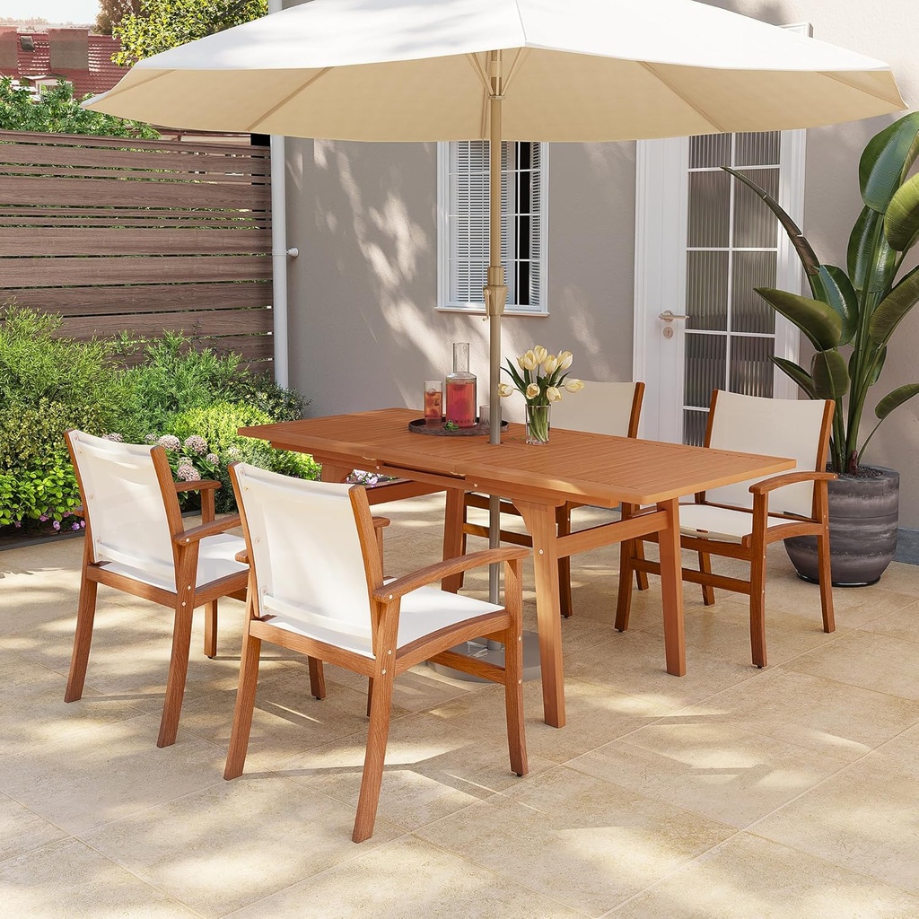 OC Orange-Casual Patio Furniture Set, Acacia Wood Patio Dining Set for 6-8, Outdoor Expandable Table and Chairs Set with Umbrella Hole and Breathable Textilene Fabric for Garden (White, 5 Pieces)