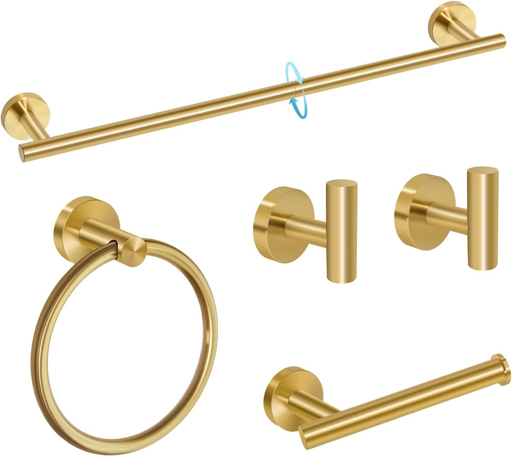 5 Piece Brushed Gold Bathroom Hardware Set with Towel Racks for Bathroom，23.6 Inch Stainless Steel Bath Towel Bar Set Wall Mounted Accessories Kit (Brushed Gold, 5-Pieces Set)