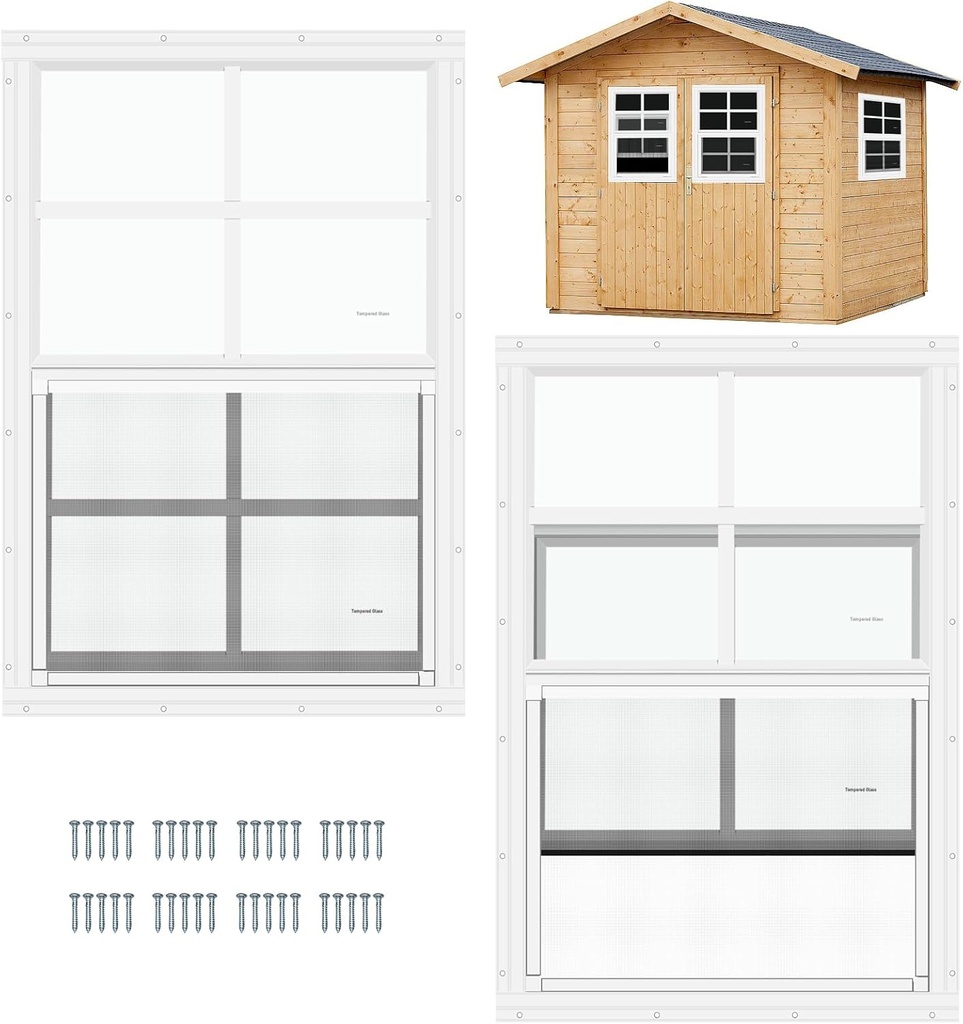 2 Pack Shed Window Flush Mount Windows with Tempered Glass for Sheds, Chicken Coops, Garage and Playhouse (White, 14" x 21")