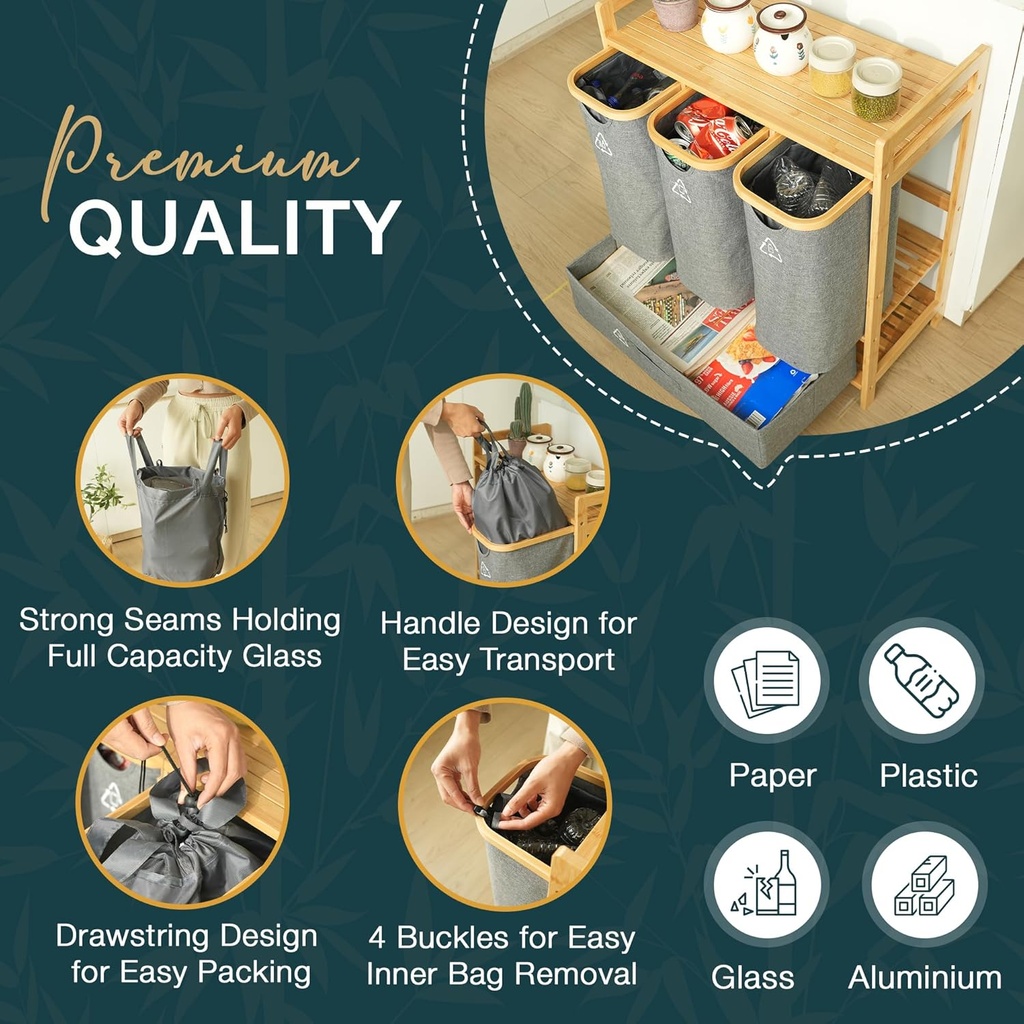 4 Section Recycling Bin for Kitchen – Trash and Recycle Bin Combo for Paper, Plastic, Cans – Indoor Recycling Station – Large Kitchen Trash Can – Office Trash and Recycle Bin Organizer