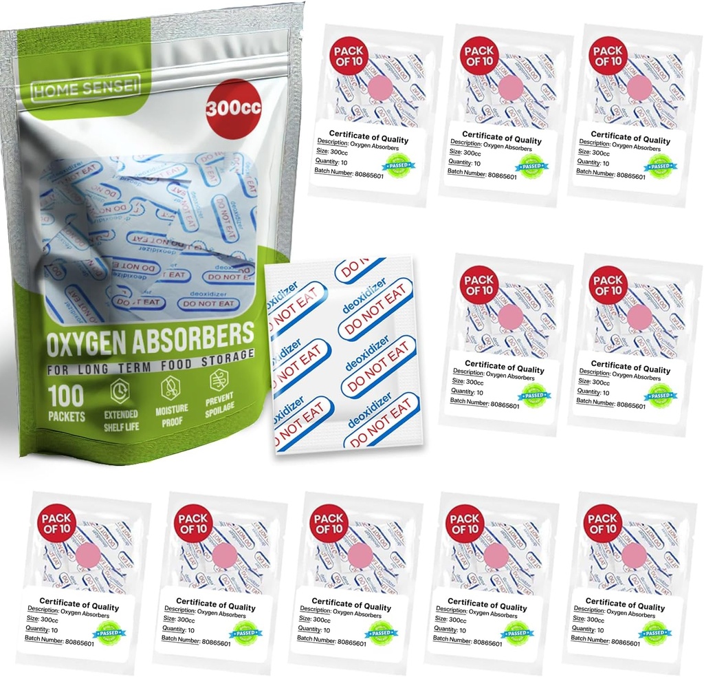 300cc Oxygen Absorbers for Food Storage 100 Pack - Sealed Packs of 10 for Freshness - Ideal for Mylar Bags, Mason Jars, and Freeze Dried Foods. Moisture Proof, Prevents Spoilage, Extends Shelf Life