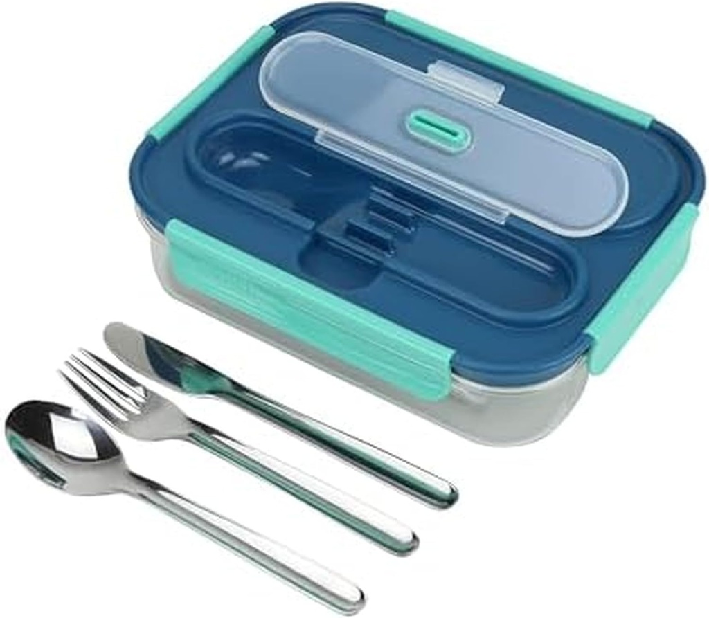 Built 2-Compartment Bento Box with Ice Pack & Stainless Steel Utensils - Reusable Travel Food Container with Clip Lid - BPA Free Lunch Storage for School or Work, Ink Blue