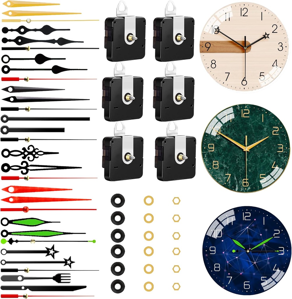 6 PCS High Torque Quartz Clock Movement Mechanism Replacement Clock Kit with 10 Different Pairs of Hands Clock for DIY Repair Clock Parts Shaft Lengths 12mm 15.5mm 21.5mm (Style 2)