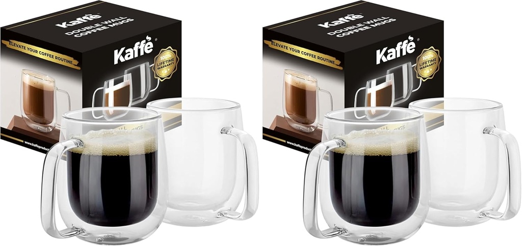 Kaffe Double Wall Insulated Glass Coffee Cups (2 x 10oz) - Clear Espresso Glasses - Heat Resistant Insulated Borosilicate Glass Mugs for Warm Beverages, Capuccinos, Teas, Lattes (Pack of 2)