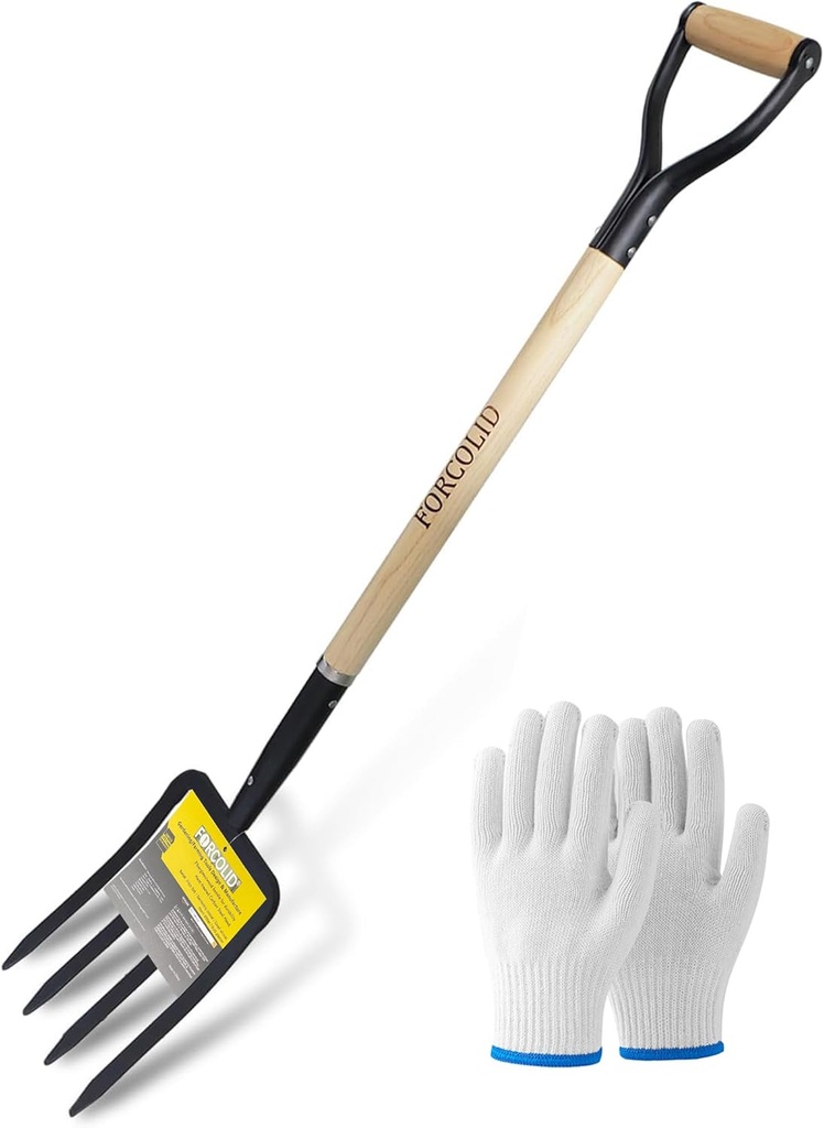 Garden Fork, 4-Tine Spading Digging Fork, Pitch Fork-45Inch, Forged Steel Y-Grip, Wood Handel-Red