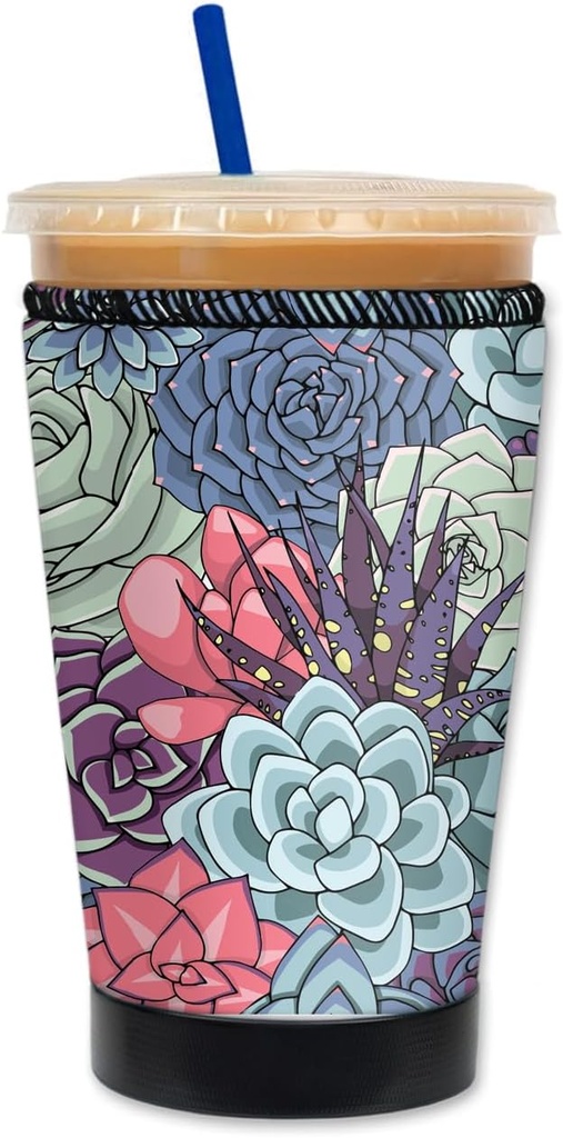 Mugzie Deluxe Iced Coffee Insulator Sleeve - Reusable Neoprene Cozy for Cold Drink Cups - Prevents Condensation and Tip Overs - Made in USA - Succulents (Medium 16-18 Oz)