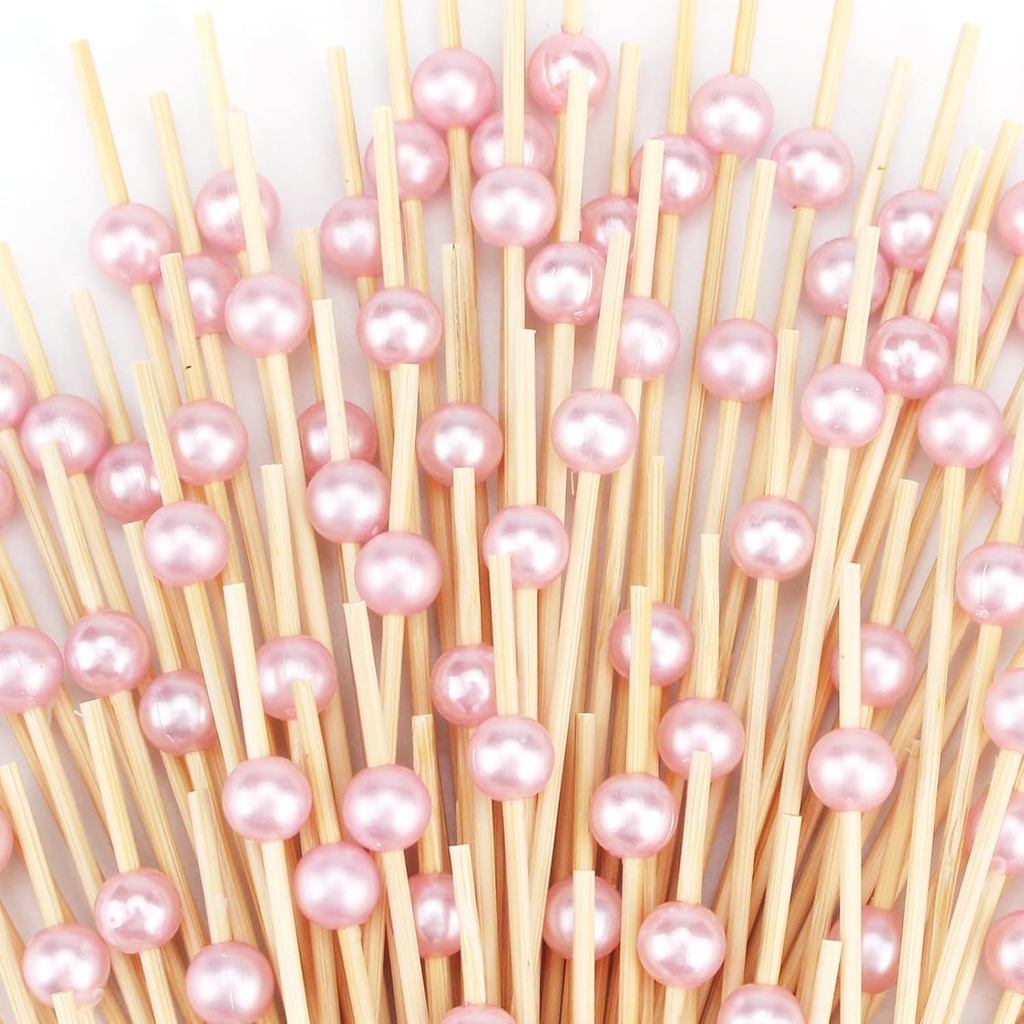 200 PCS Pink Cocktail Toothpicks for Appetizers, Natural Bamboo Coctail Skewers Sticks, Pearl Decorative Cocktail Tooth Picks for Drinks, Fruit, Charcuterie, Wedding Food Party Fancy 4.7 Inch Long