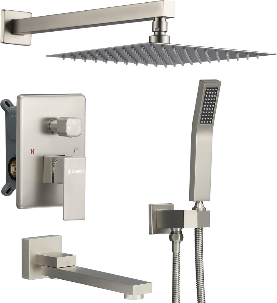 DASAN Tub Shower Faucets Sets Complete Brushed Nickel Bathtub Shower System with Tub Spout, Bathtub Faucet Set Tub and Shower Faucet Combo Trim Kit with Rough-in Valve, DA-SS03BN-S10W