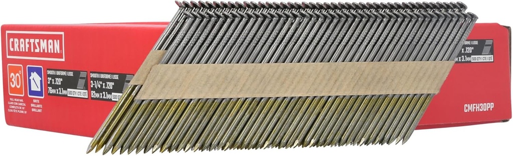 CRAFTSMAN Framing Nails Paper Collated Smooth 30 Degree, 3-1/4 inch x 0.12 inch and 3 in x 0.12 inch, 500 Qty Each (CMFH30PP)