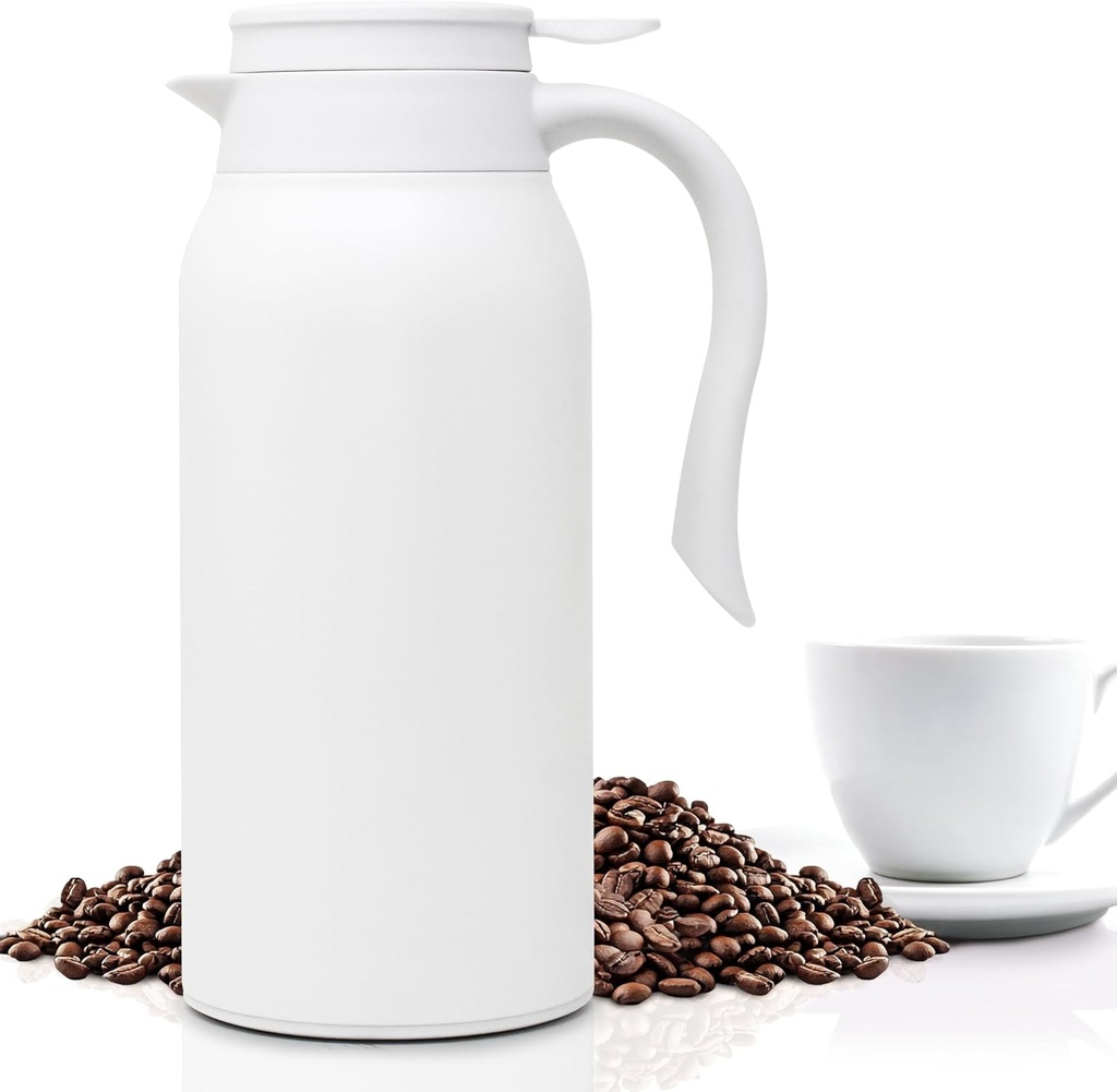 40.5oz (1200ml) Stainless Steel Double Walled Insulated White Coffee Carafe, Heat Retention Airpot Keeps Beverages Hot or Cold, for Tea, Espresso, Hot Chocolate and More