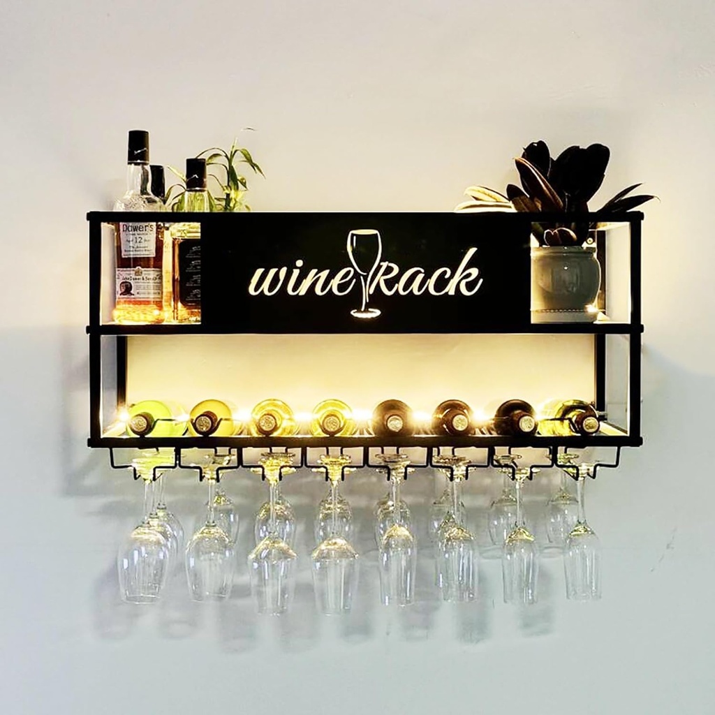 Wine Rack Wall Mounted with LED Light,with Hanging Wine Glass Holder,Metal Floating Shelves,Liquor Bottle Display Shelf,Large Capacity Storage Racks for Bar Wine Cellar Kitchen Decor,Black/G