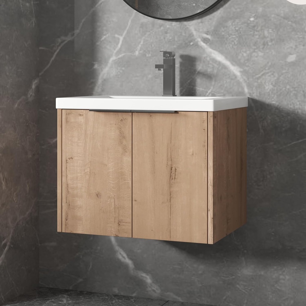 Goujxcy 24" Wall Mounted Bathroom Vanity with Sink, Modern Floating Bathroom Cabinet with White Resin Wash Basin & Storage Cabinet, Soft-Close Door Plywood Hanging Bath Room Cabinet (Imitative Oak)