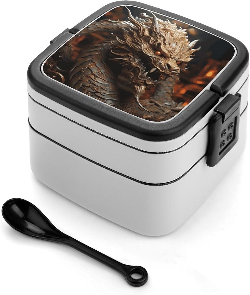 Golden Dragon on Red Background Bento Box Adult Lunch Box All-in-One Lunch Containers with Removable Compartments Double Layer Bento Lunch Box with Spoon And Handle Stackable Lunchbox