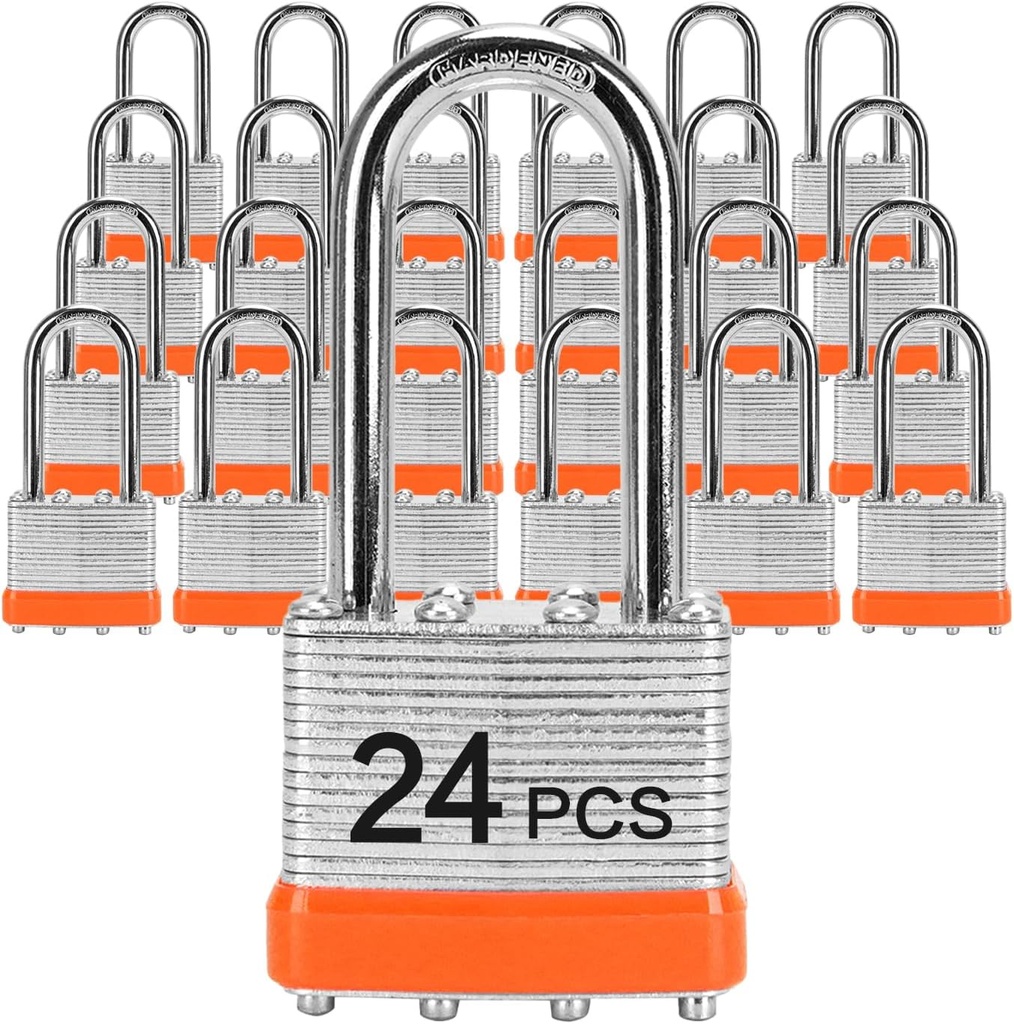 Padlocks with Same Key, LQYN 24 Pcs Laminated Keyed Padlock (1-9/16", 40mm), Keyed Alike Locks, Long Shackle, for Storage Locker, Hasp Latch, Toolbox, Sheds