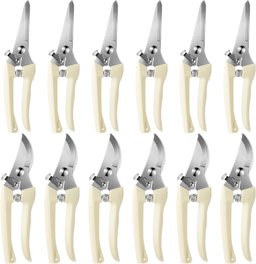 Therwen 12 Pcs Garden Shears Flower Scissors Pruning Shears Floral Garden Clippers Hand Pruners Branch Cutter Gardening Tools for Plants Cutting, Trimming, Fruits Picking (Beige,Bypass, Straight)