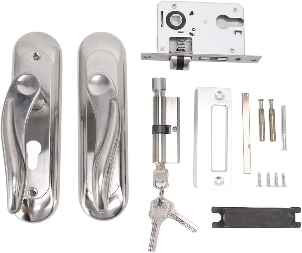 Door Entry Handle Set Front Door Lock Set Security Stainless Steel Plate Door Lever Full Replacement Handle Lock Cylinder Lock Keys Kit for Home Office