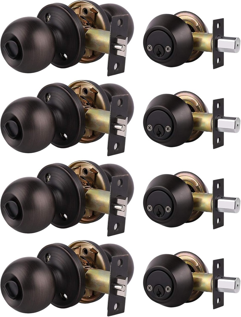 4 Pack Exterior Door Knob and Deadbolt Set, Oil Rubbed Bronze Entry Door Lock Sets with Double Cylinder Deadbolt, Security Round Style Entry Door Knobs Deadbolt