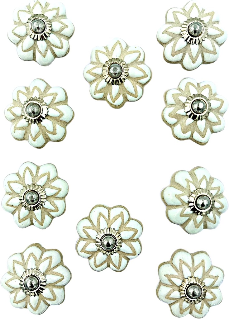 Vintage Hand Painted Ceramic Pull Knobs for Kitchen Cabinet Door and Drawer Wardrobe Cupboard Set of 10 White