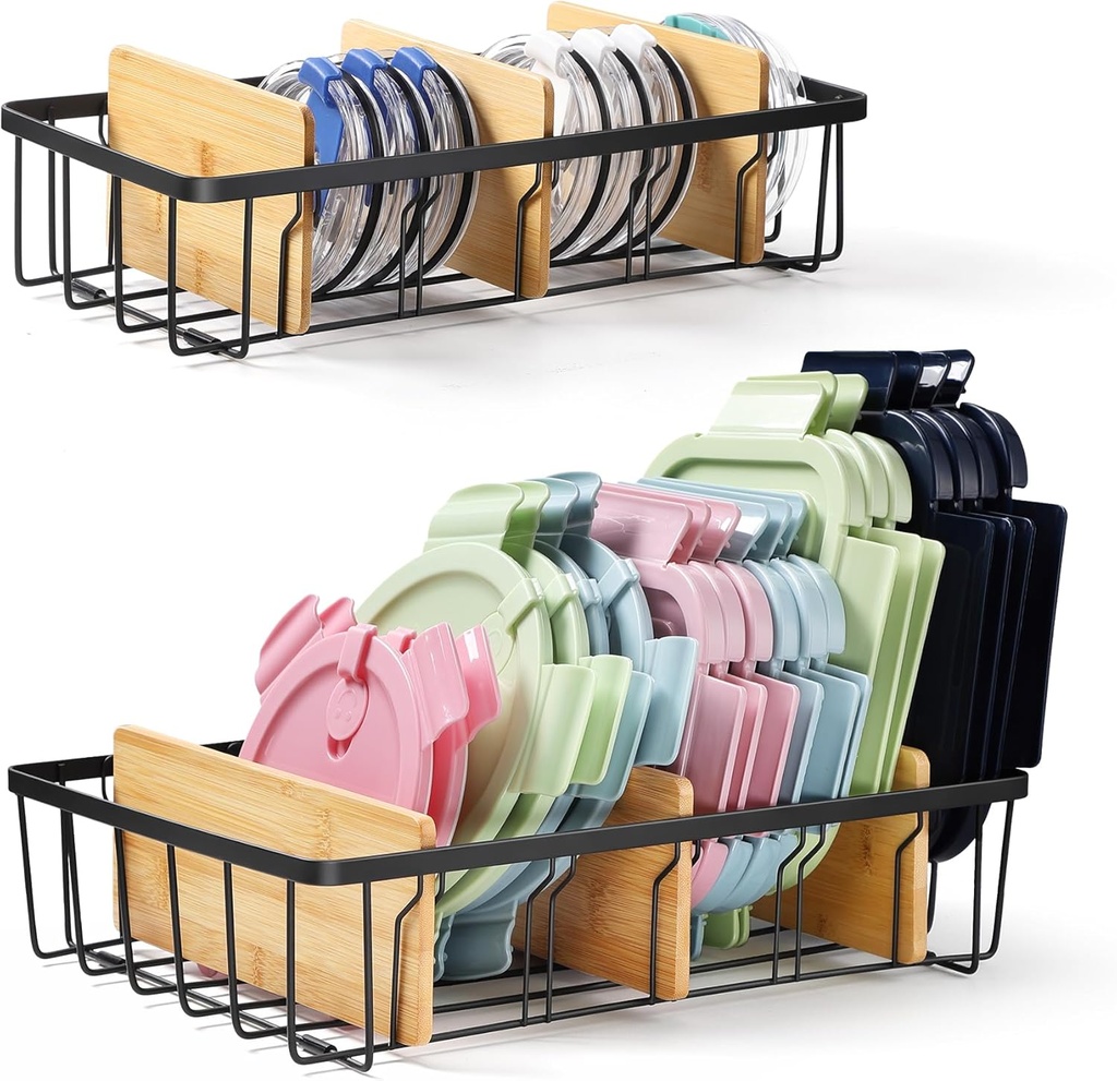 2-Pack Adjustable Lid Organizers - Large Kitchen Cabinet Organizer for Food Storage Container and Tumbler Cup Lids with 6 Bamboo Dividers - Organizers in Kitchen/Pantry/Laundry Room