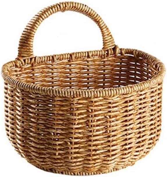 Generic Hanging Woven Storage Basket, Rustic Rectangular Brown Plastic Basket with Rattan Handle, Kitchen Hanging Basket, Open Top, Washable, Size: 17*15*13cm