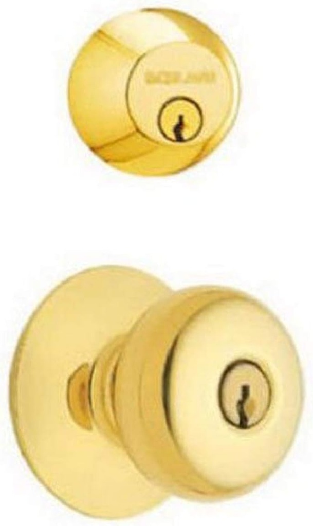 Schlage FB52N V PLY 505 B62 Double Cylinder Deadbolt and F51 Entry Plymouth Knob Keyed Alike, Finish, No Size, Brass/Bright Brass