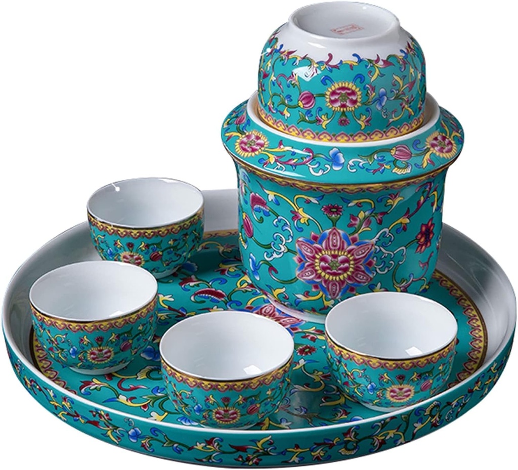 Japanese Sake Set, Sake Pot Set Traditional Sake Cup Hand Painted Design Porcelain Pottery Ceramic Crafts Wine Glasses with Keep Warm Cup, 8 Piece,Yellow