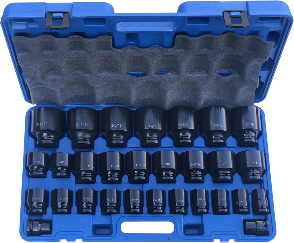 MacWork 29 Pieces Impact Socket Set, 3/4-Inch Drive, Standard, SAE 3/4 inch to 2-1/2 inch, CR-V Alloy Steel, 6-Point Sockets with a Storage Case