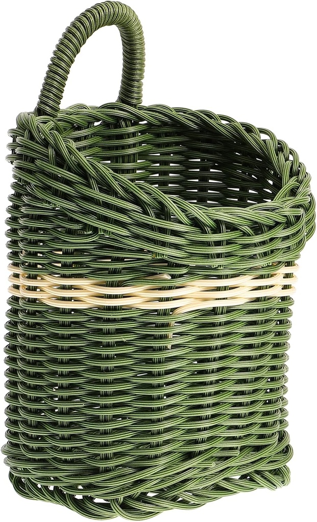 Rustic Woven Storage Basket for Kitchen Organization Imitation Rattan Handheld Flower Holder Versatile Hanging Basket for Home and Vegetable Display Green White Design