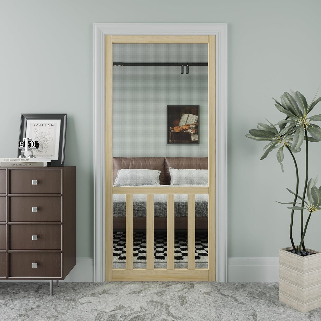 Front Wooden Screen Door for Swing Doors，36x80 Inch Solid Pine French Style with Universal Hinged Gauze Mesh Screen Door for Exterior/Interior，Pre-Assembled Easy Installation