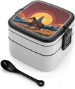 West Cowboy Bento Box Leak-Proof Double Layered Lunch Containers with Spoons And Invisible Handle, Portable Lunch Boxes for Work Picnic Travel