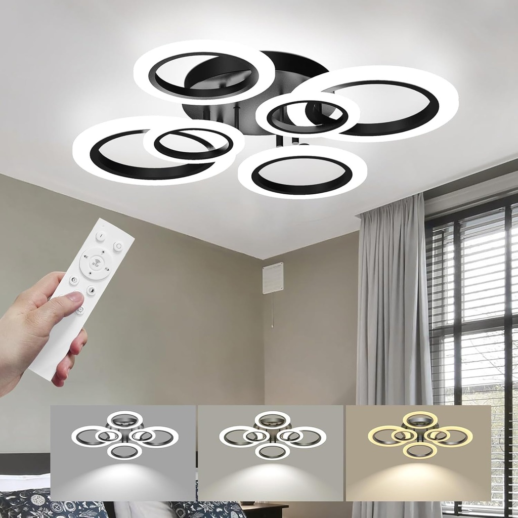 Modern LED Ceiling Light Fixture, 32" Dimmable Semi Flush Mount Ceiling Light with Remote & App Control 6 Ring Ceiling Lamp for Dining Room, Kitchen, Living Room, Bedroom, Office, Black