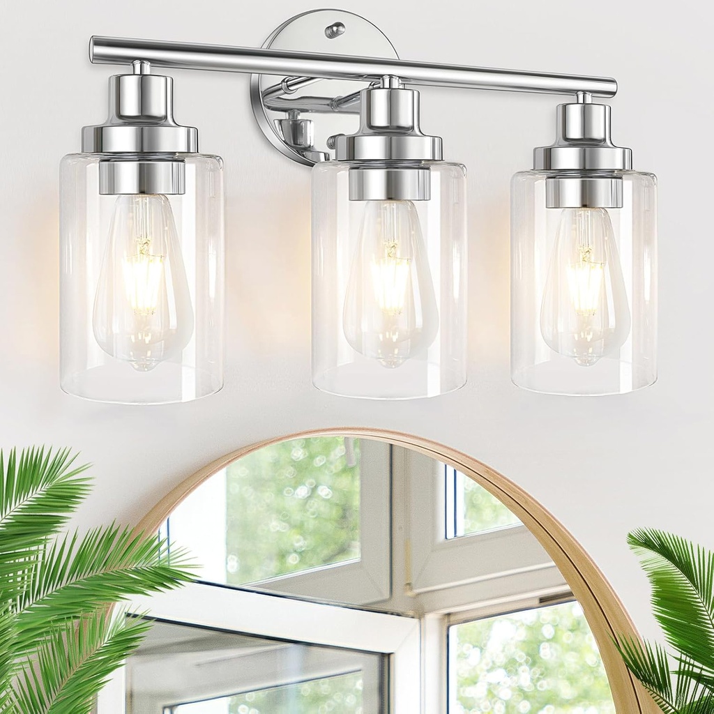 Bathroom Light Fixtures Chrome Vanity Light, Silver 3 Light Modern Wall Sconces Lighting Bathroom Lights with Clear Glass Shades, Bath Wall Lights Wall Lamp for Mirror, Kitchen Living Room Hallway