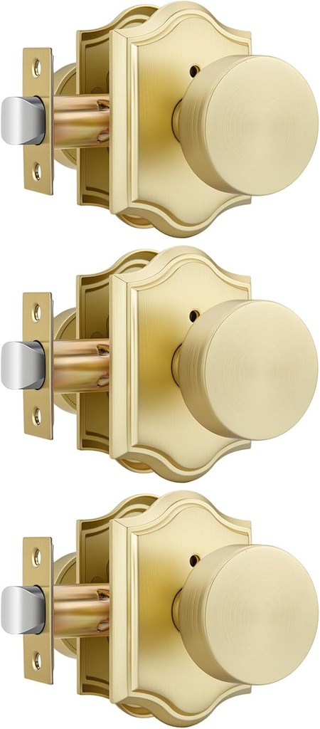Haidms Gold Door Knobs Interior, Heavy Duty Brushed Gold Door Knobs with Lock, Interior Door Knob for Bedroom and Bathroom, Zinc Alloy Brass Privacy Doorknob 3 Pack