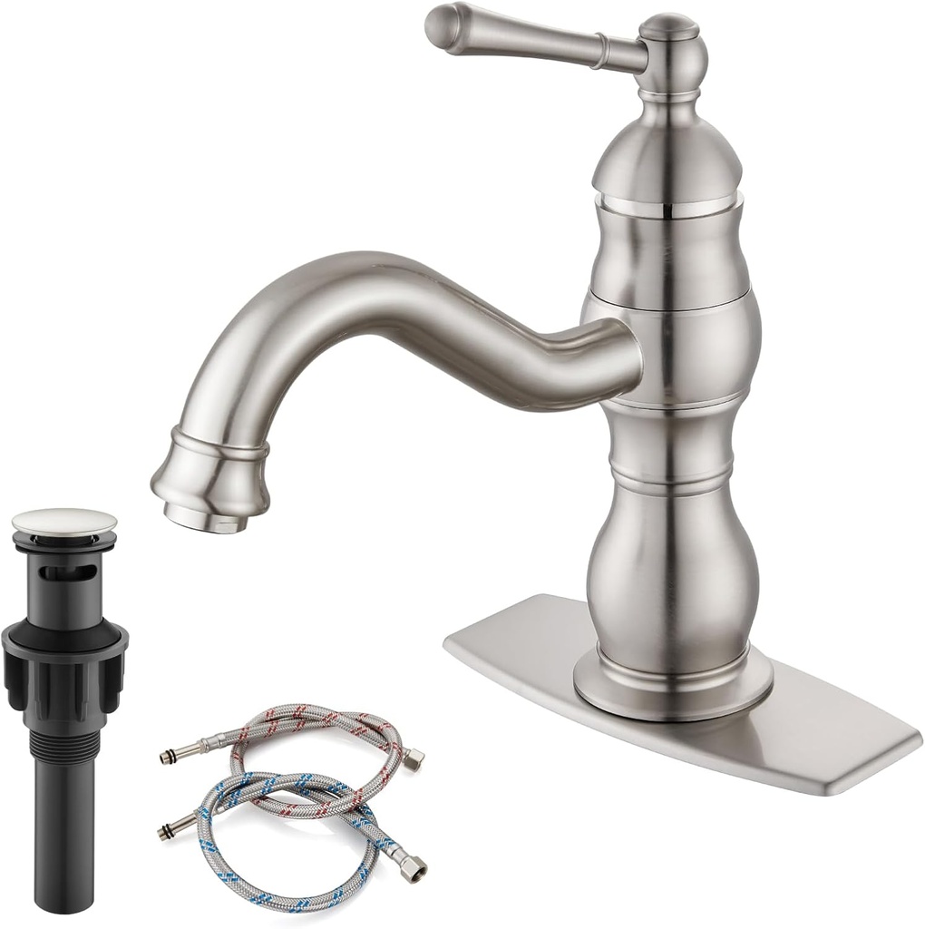 gotonovo Bathroom Sink Faucet 1 Hole Single Handle Lavatory Vanity Faucet 360° Swivel Spout Basin Mixer Tap Matching Pop Up Drain with Overflow, 7.1 Inch Spout Reach, Brushed Nickel